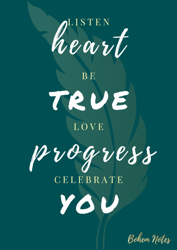 Empowering poster with text that reads: "listen heart, be true, love progress and celebrate you."